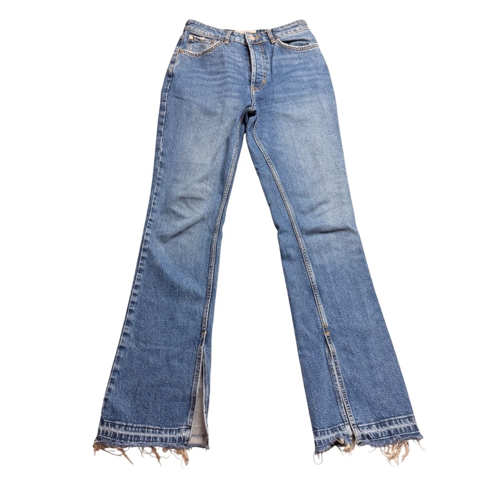 We The Free Free People Flare Jeans Blue Raw Hem Side Slit Size 28 High Rise